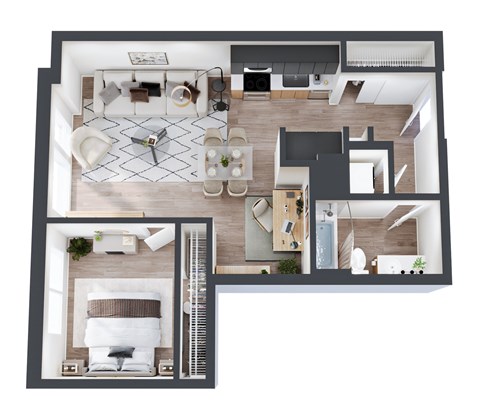 A top-down view of a modern apartment layout with a living room, kitchen, and bedroom.